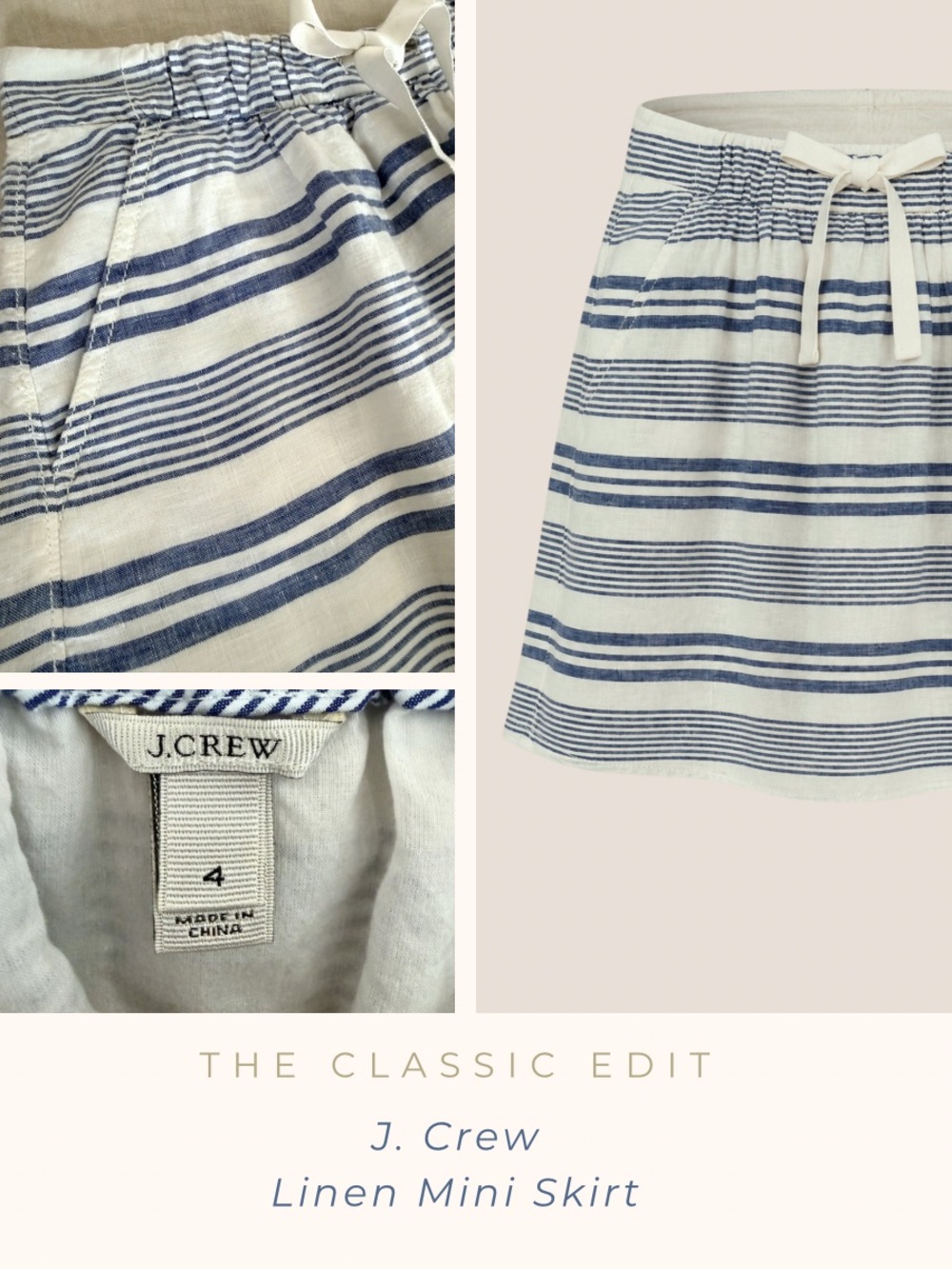 J. Crew | Linen Mini Skirt | Blue Stripe | Elastic Waist Drawstring | Flare